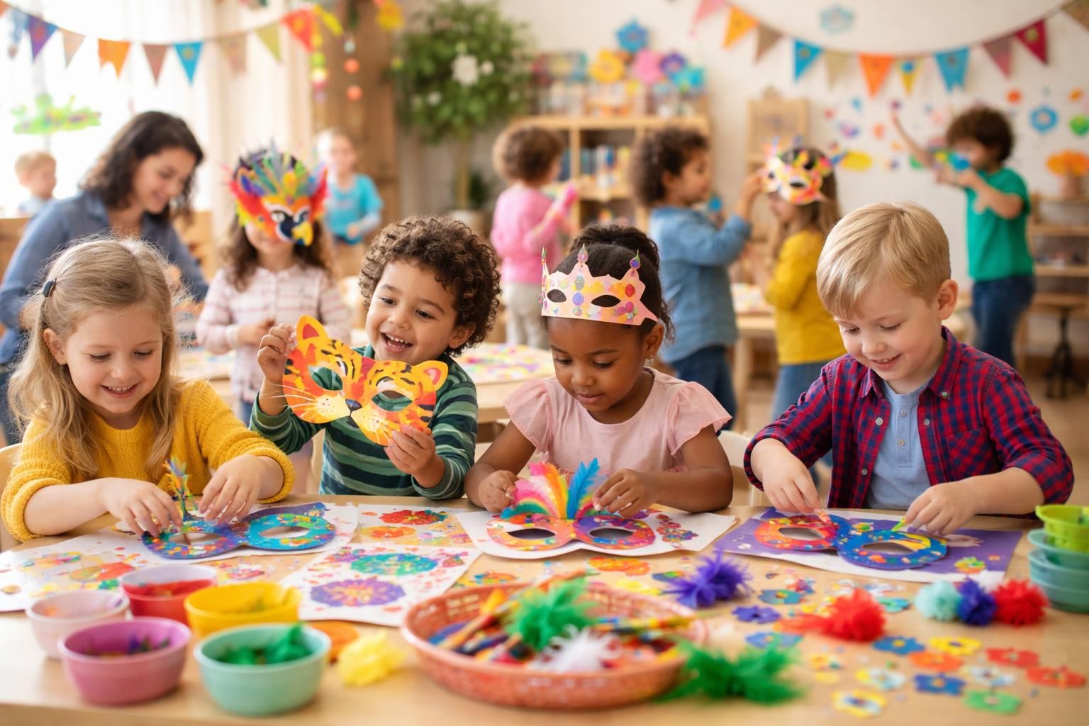 découvrez nos ateliers ludiques et créatifs pour le carnaval à la crèche, conçus pour stimuler l'imagination et le plaisir des tout-petits lors de cette fête colorée.