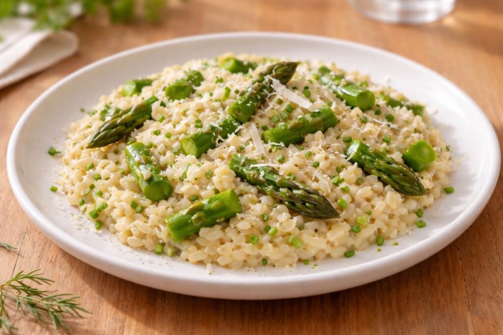 découvrez notre délicieux risotto aux asperges vertes, une recette printanière savoureuse et facile à préparer pour égayer vos repas.