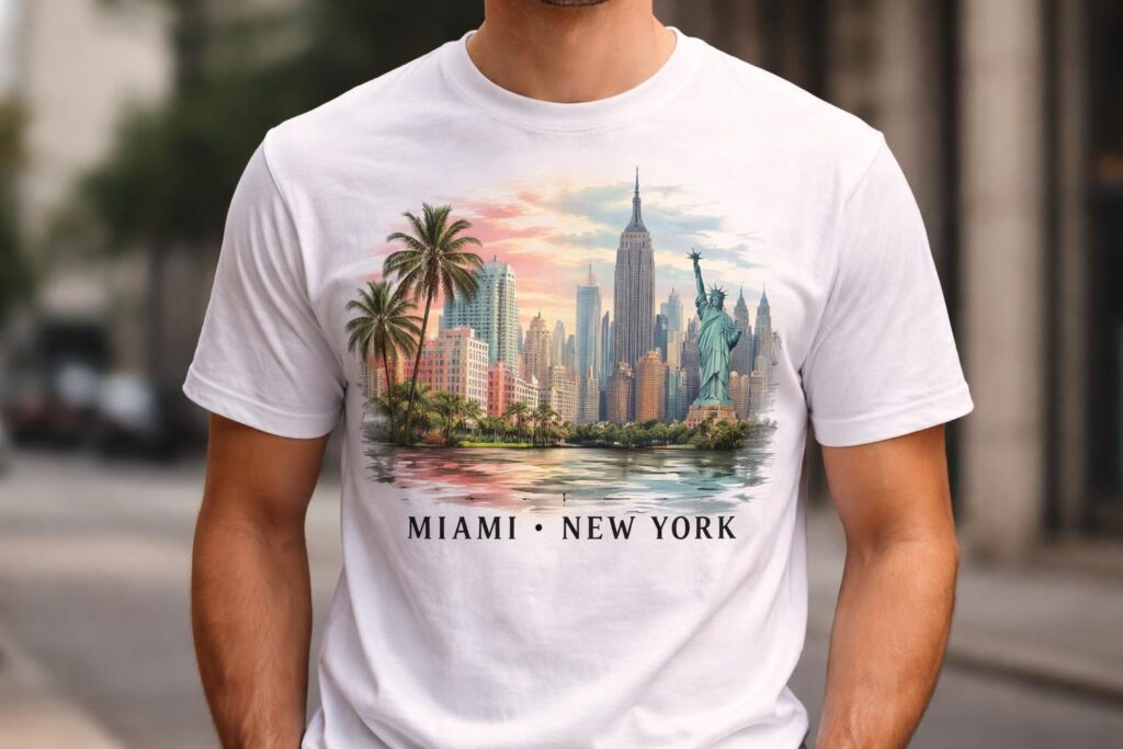 découvrez le t-shirt miami new yorker, une fusion stylée qui célèbre l'esprit urbain de deux icônes américaines emblématiques.