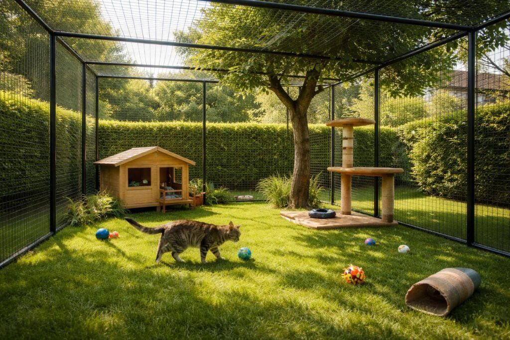 découvrez notre aire de jeu sécurisée, l'enclos extérieur parfait pour permettre à votre chat de s'amuser en toute sécurité tout en profitant de l'air frais.