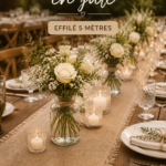 Chemin de table en jute au centre d'une table dressée pour un dîner