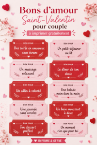 Bons d'amour imprimables pour la Saint-Valentin sur une table festive