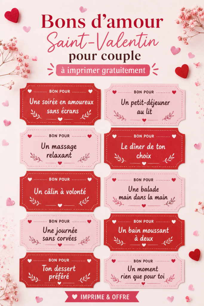 Bons d'amour imprimables pour la Saint-Valentin sur une table festive