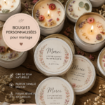Bougies personnalisées pour mariage avec fleurs séchées