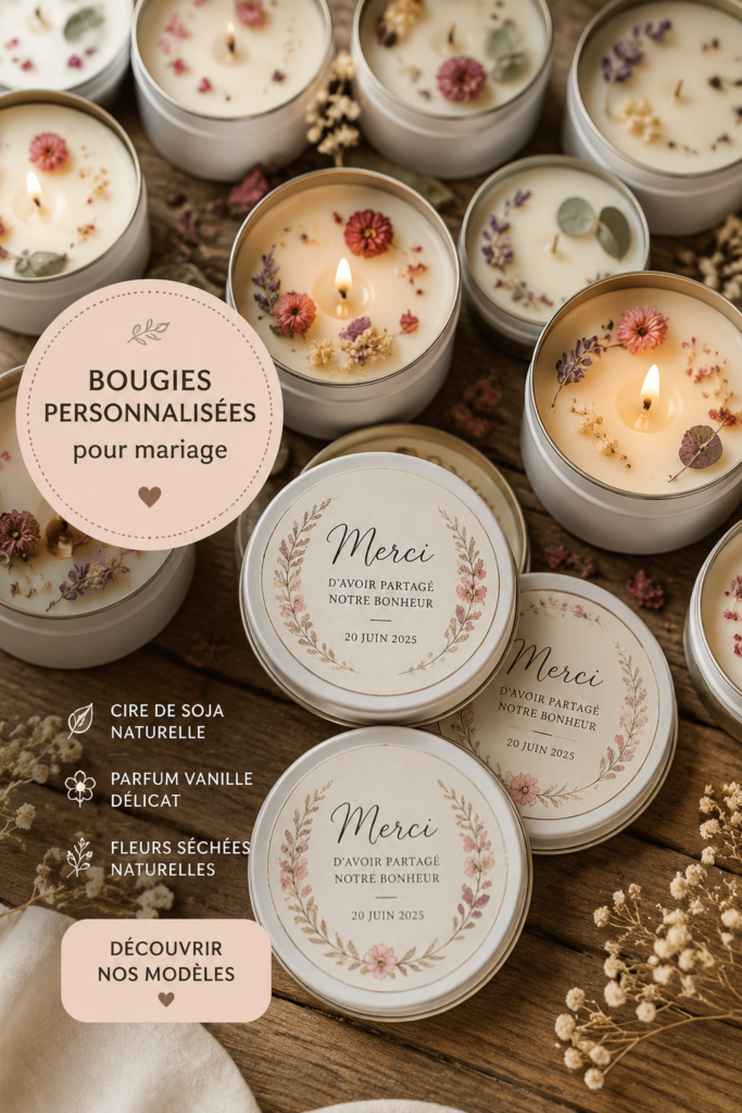 Bougies personnalisées pour mariage avec fleurs séchées