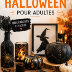 Un groupe d'adultes réalisant des bricolages pour Halloween autour d'une table.