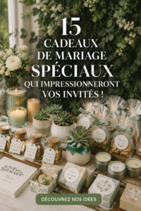 Sélection de cadeaux de mariage uniques présentés sur une table avec une décoration florale.