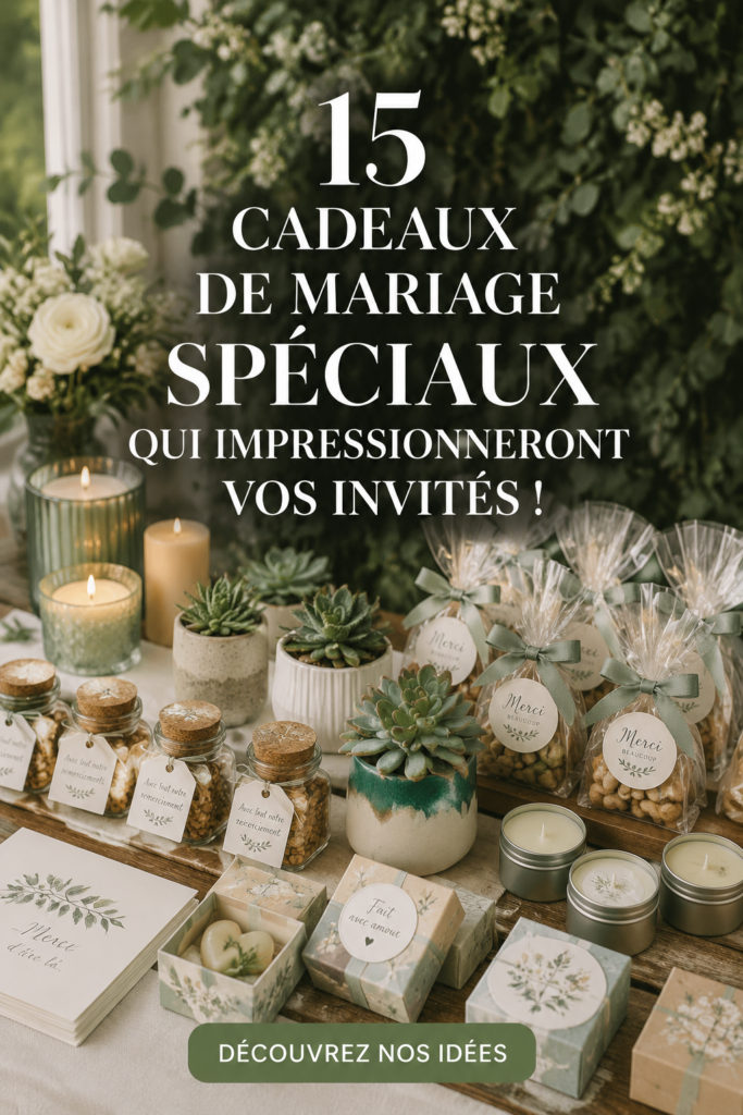 Sélection de cadeaux de mariage uniques présentés sur une table avec une décoration florale.