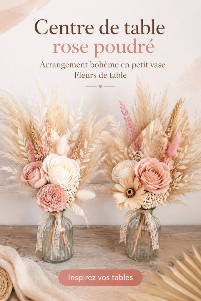 Un élégant centre de table en rose blush avec des fleurs pampas pour un mariage boho.