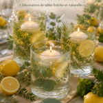 Centre de table rustique avec vases en verre, bougies flottantes, tranches de citron et verdure.