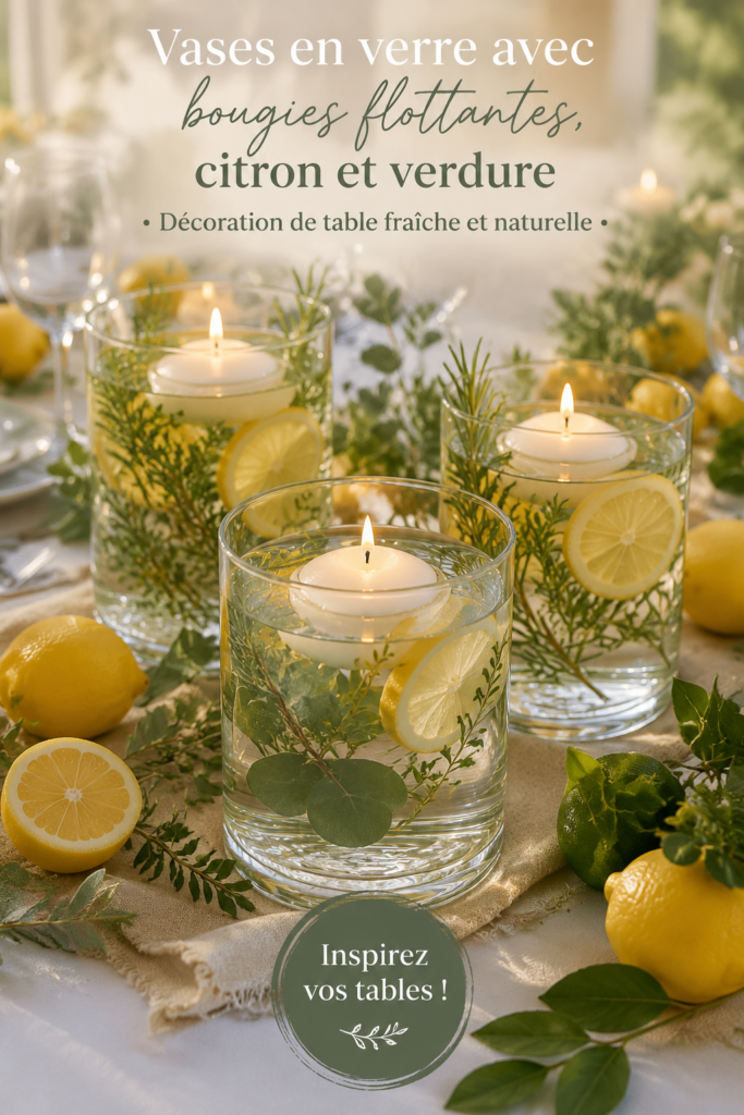 Centre de table rustique avec vases en verre, bougies flottantes, tranches de citron et verdure.