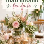 Un élégant centre de table de mariage fait maison avec des fleurs et des bougies.