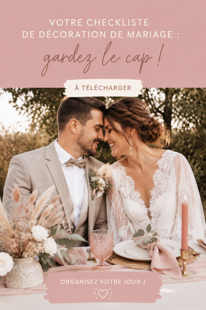 Une checklist de décoration de mariage sur une table avec des accessoires de fête en arrière-plan