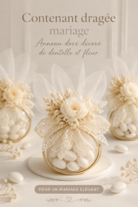 Contenants à dragées en dentelle dorée et fleurs pour mariage