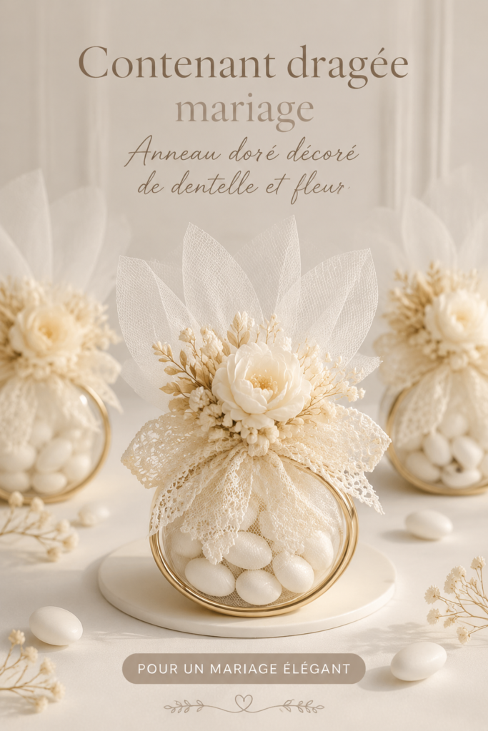 Contenants à dragées en dentelle dorée et fleurs pour mariage