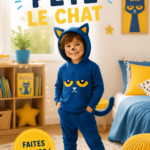 Un enfant portant un costume de Pete le chat coloré, avec des accessoires amusants.