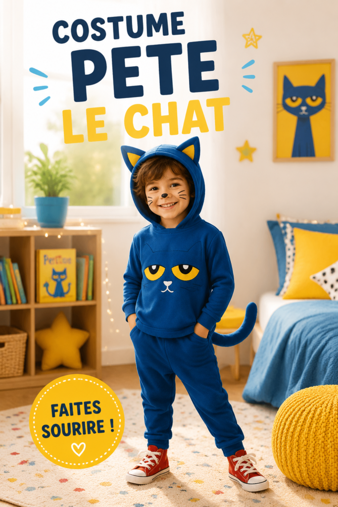 Un enfant portant un costume de Pete le chat coloré, avec des accessoires amusants.