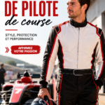 Costume de pilote de course stylé sur un mannequin dans un décor moderne.