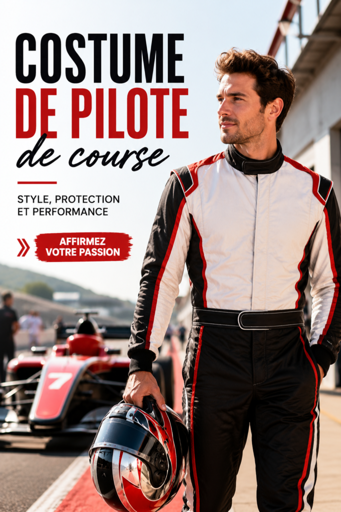 Costume de pilote de course stylé sur un mannequin dans un décor moderne.