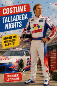 Costume inspiré de Talladega Nights avec une veste colorée et un pantalon assorti.