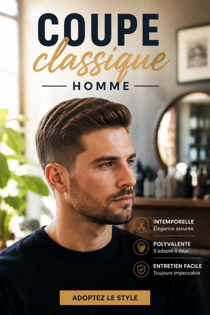 Homme avec une coupe classique élégante, équipée d'un costume chic, incarnant le style classique.