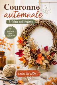 Couronne automnale faite main avec des feuillages et des fleurs.