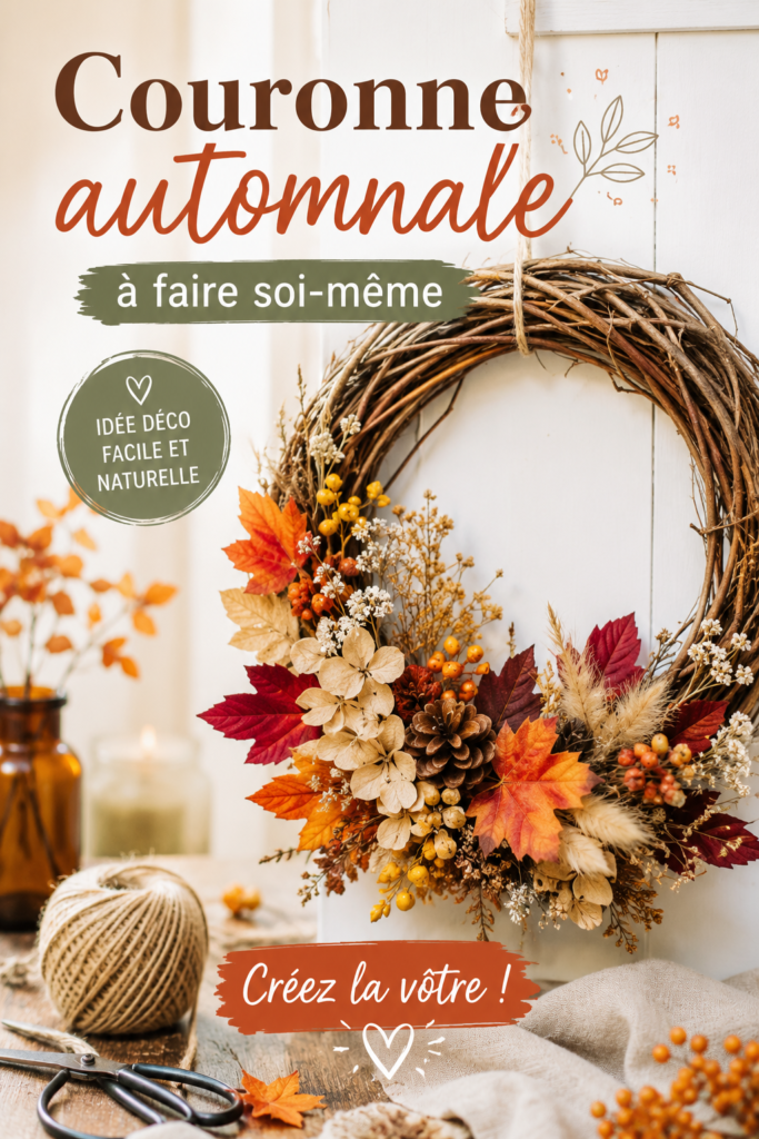 Couronne automnale faite main avec des feuillages et des fleurs.