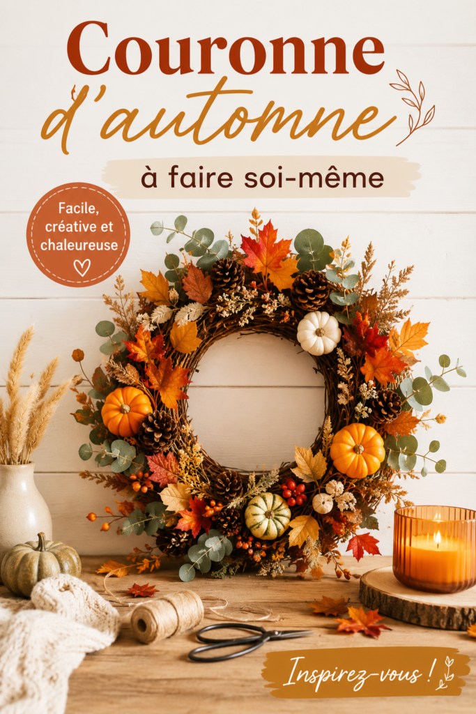 Une belle couronne d'automne faite main, ornée de feuilles et de fleurs séchées.