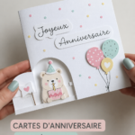Exemple de carte d'anniversaire faite main avec des motifs colorés.