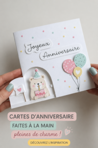 Exemple de carte d'anniversaire faite main avec des motifs colorés.