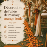 Décoration d'allée de mariage en orange brûlé avec des éléments rustiques.