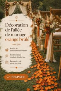 Décoration d'allée de mariage en orange brûlé avec des éléments rustiques.