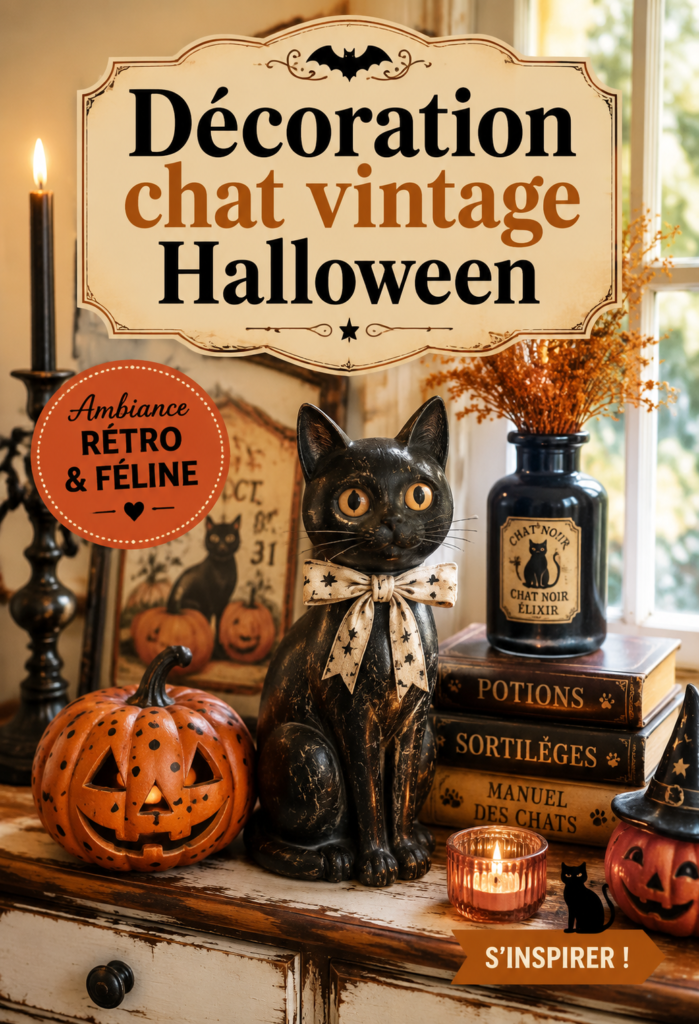Décoration chat vintage pour Halloween avec des figurines et des accessoires rétro.