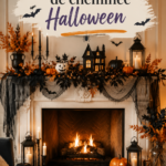 Décoration d'une cheminée pour Halloween avec des accessoires thématiques et une ambiance festive.