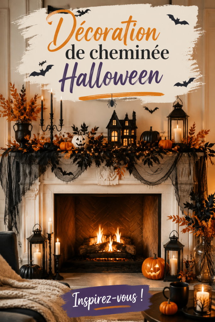 Décoration d'une cheminée pour Halloween avec des accessoires thématiques et une ambiance festive.