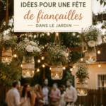 Décoration de jardin pour une fête de fiançailles en extérieur, avec des guirlandes lumineuses et des fleurs.