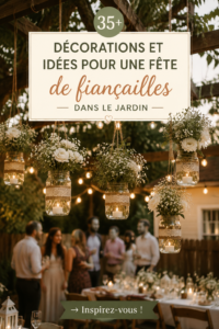Décoration de jardin pour une fête de fiançailles en extérieur, avec des guirlandes lumineuses et des fleurs.