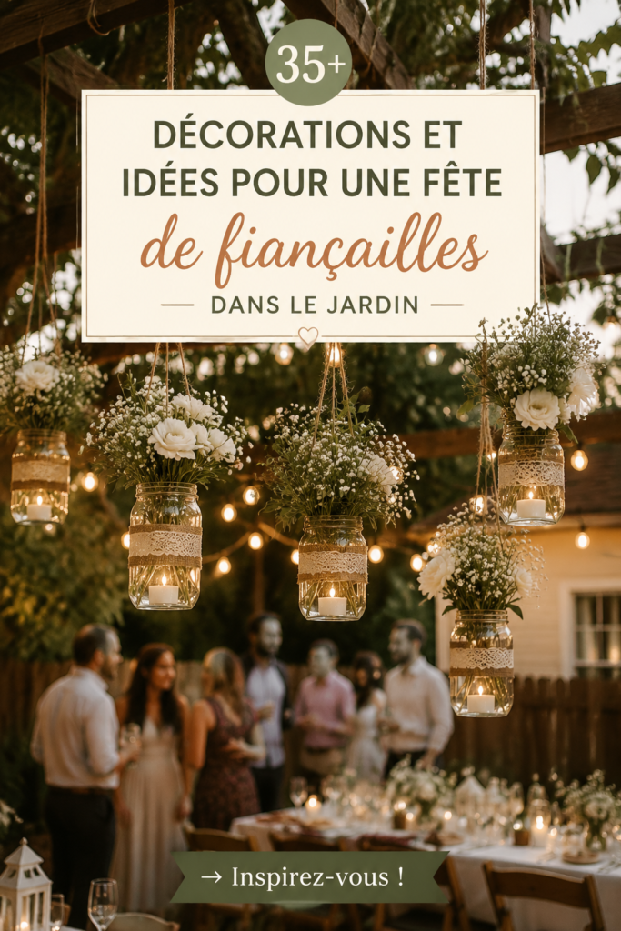 Décoration de jardin pour une fête de fiançailles en extérieur, avec des guirlandes lumineuses et des fleurs.