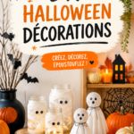 Décorations d'Halloween faites maison avec des citrouilles et des toiles d'araignée.