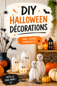 Décorations d'Halloween faites maison avec des citrouilles et des toiles d'araignée.