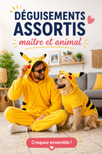 Maître et chien déguisés de manière assortie lors d'un événement festif.