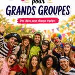 Un groupe d'amis portant des déguisements colorés et amusants pour une fête.