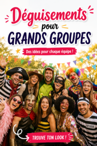 Un groupe d'amis portant des déguisements colorés et amusants pour une fête.