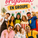 Groupe d'amis costumés lors d'une soirée déguisée avec des déguisements originaux.