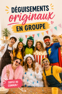 Groupe d'amis costumés lors d'une soirée déguisée avec des déguisements originaux.