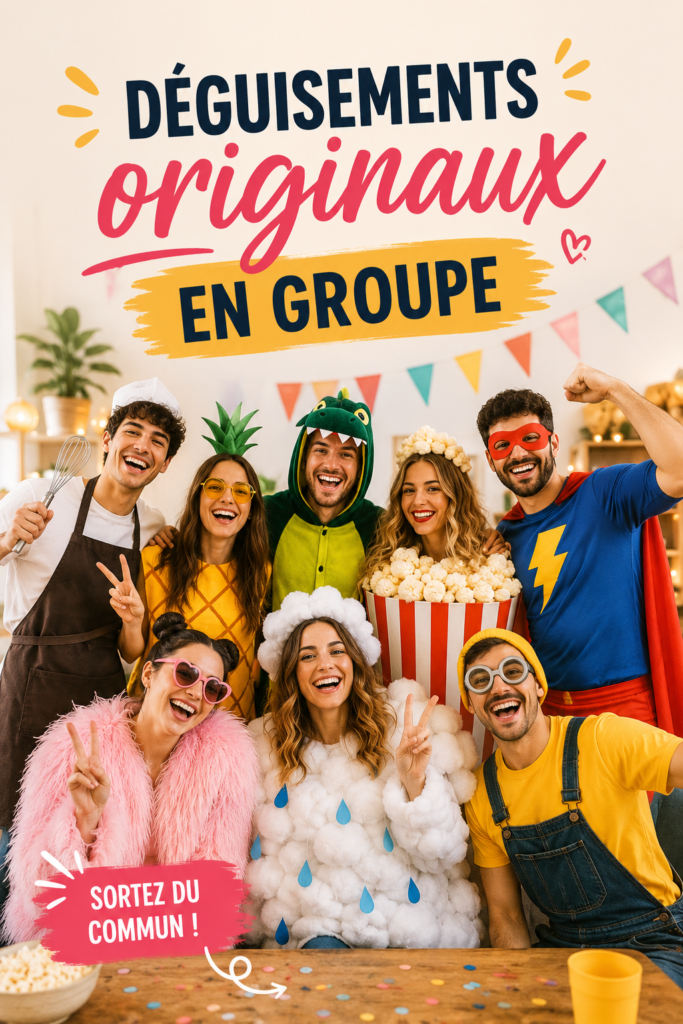 Groupe d'amis costumés lors d'une soirée déguisée avec des déguisements originaux.