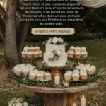 Table de dessert de mariage en plein air avec un gâteau floral et des cupcakes décoratifs.