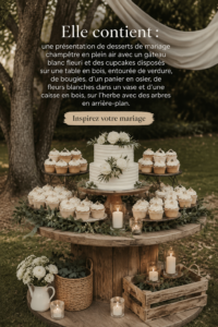Table de dessert de mariage en plein air avec un gâteau floral et des cupcakes décoratifs.