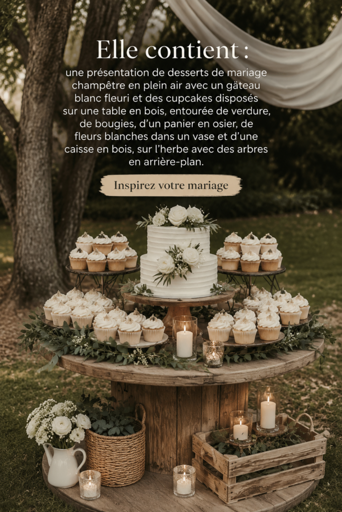 Table de dessert de mariage en plein air avec un gâteau floral et des cupcakes décoratifs.