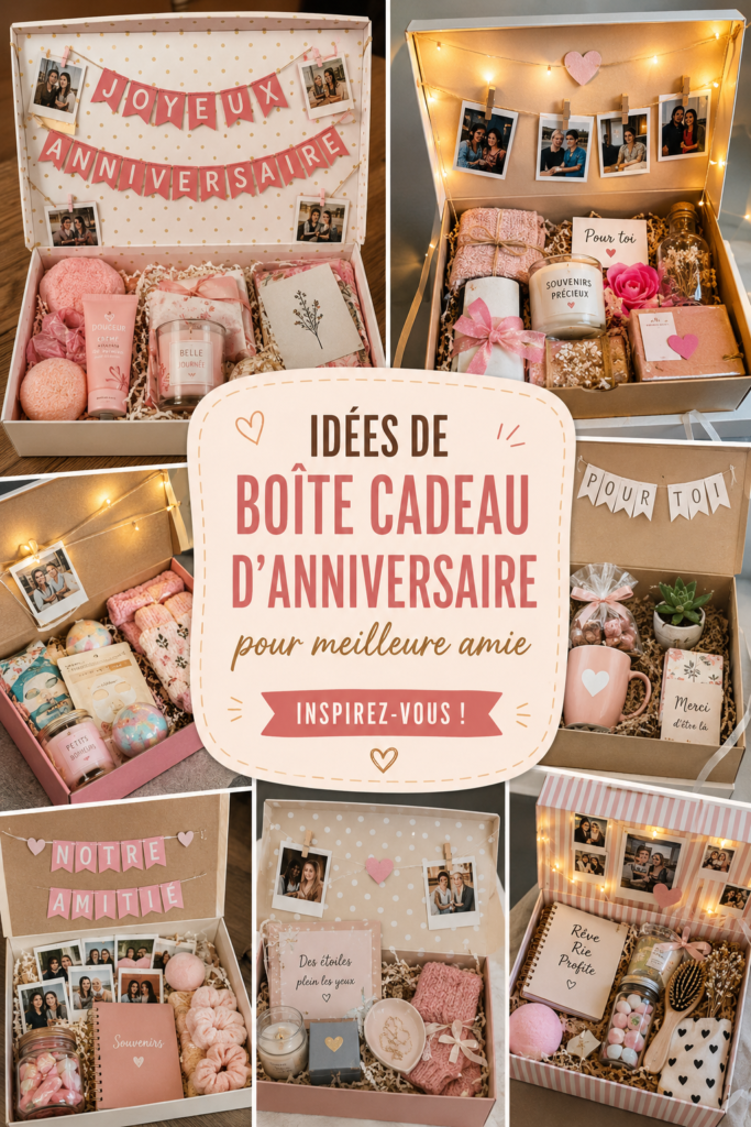 Une boîte d'anniversaire colorée remplie de surprises pour une meilleure amie, avec décorations DIY.